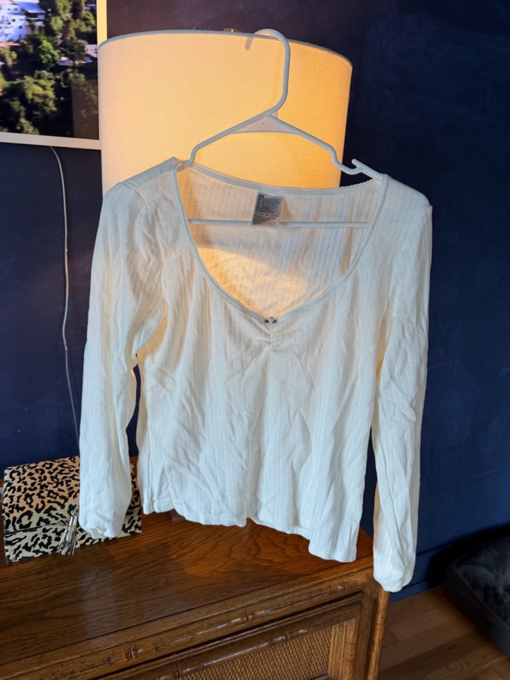 H&M Cream Ribbed Long-Sleeve V-Neck Top